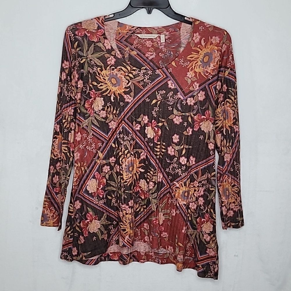 Soft Surroundings Ribbed Floral Long Sleeve Top Size Small‎